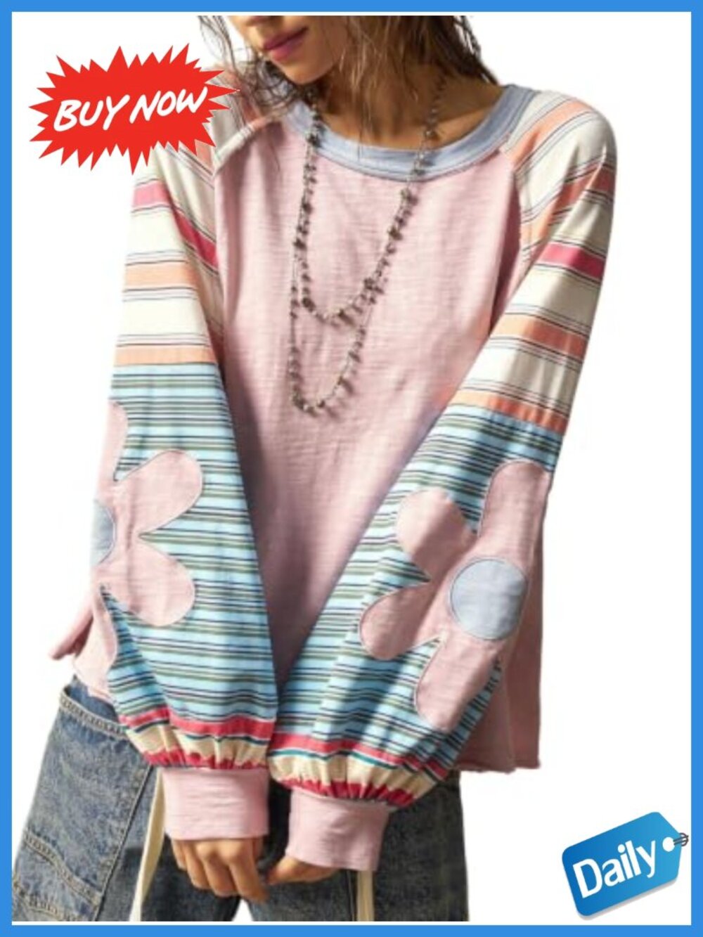 Oversized Crewneck Sweatshirt Drop Shoulder Long Sleeve Colorblock Floral